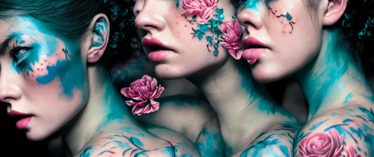 Image similar to hyperrealistic hyper detailed close-up side portrait of gorgeous woman covered in rococo flower tattoos matte painting concept art hannah yata very dramatic dark teal lighting low angle hd 8k sharp 35mm shallow depth of field