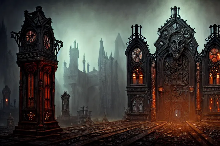 Image similar to steam necropolis, memento mori, gothic, neo - gothic, art nouveau, hyperdetailed copper patina medieval icon, stefan morrell, philippe druillet, ralph mcquarrie, concept art, steampunk, unreal engine, detailed intricate environment, octane render, moody atmospherics, volumetric lighting, ultrasharp, ominous, otherworldly