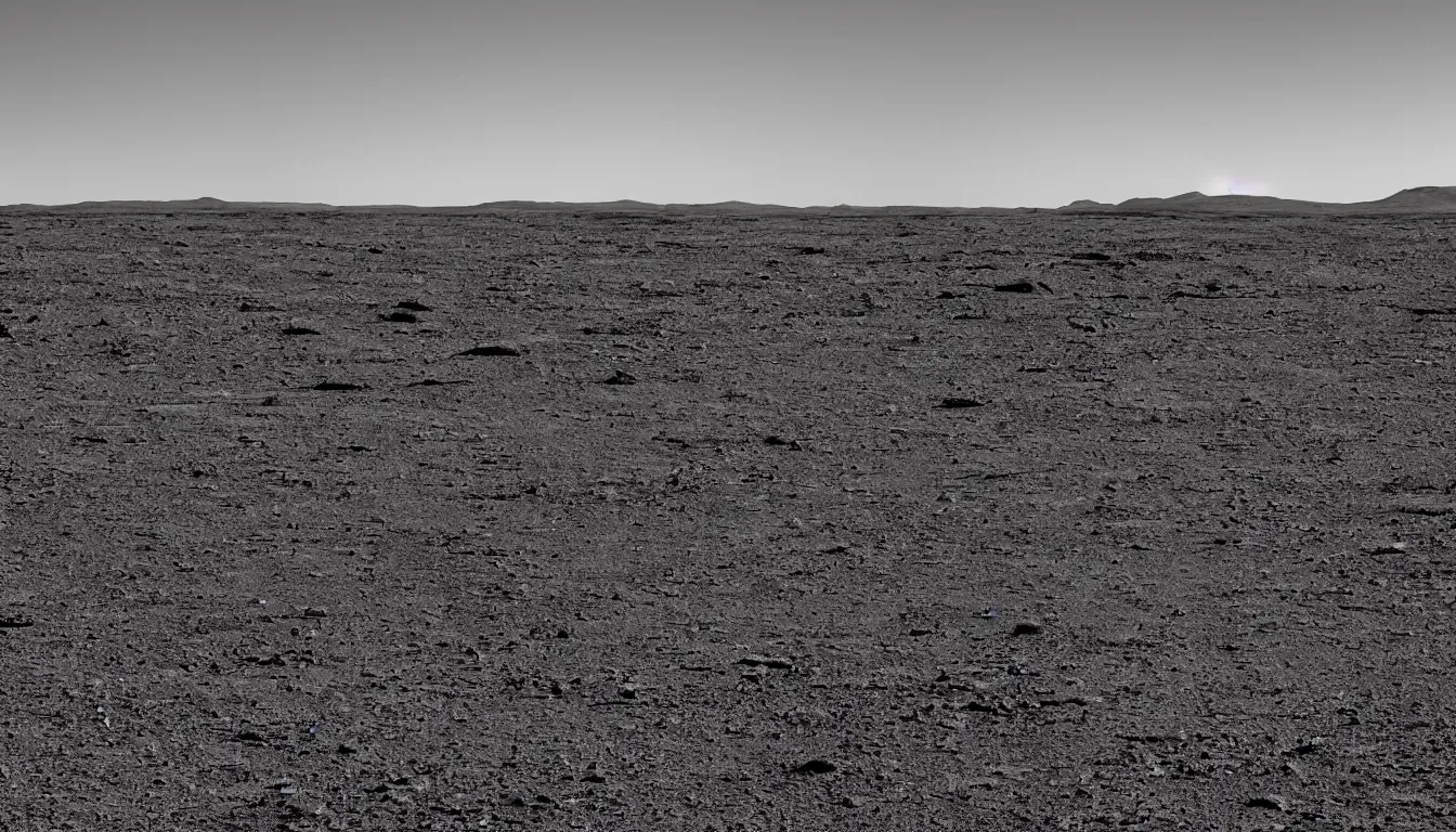 Prompt: desolate alien landscape. small lander to the right. photo. purple sky.