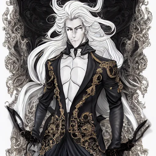 Image similar to a man grinning, baroque style, elegant, beautiful, mesmerizing, concept art, fancy clothing, highly detailed, artstation, behance, deviantart, inspired by innocent manga, inspired by castlevania concept art, trending, ayami kojima, shinichi sakamoto