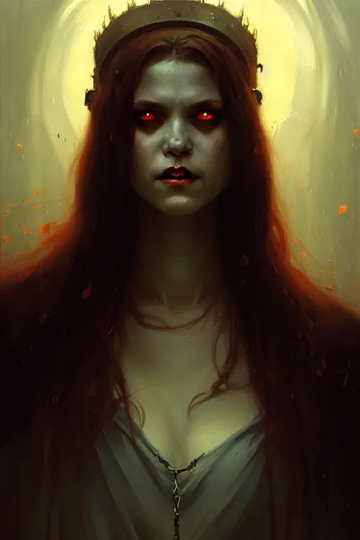 Image similar to young vampire woman portrait by anna podedworna, greg rutkowski, gaston bussiere, simon bisley