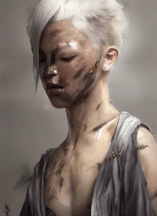 Image similar to girl with short white hair, tattered grey cloak, metallic asian conical hat, beautiful highly detailed face, beautiful painting by artgerm and greg rutkowski and raymond swanland