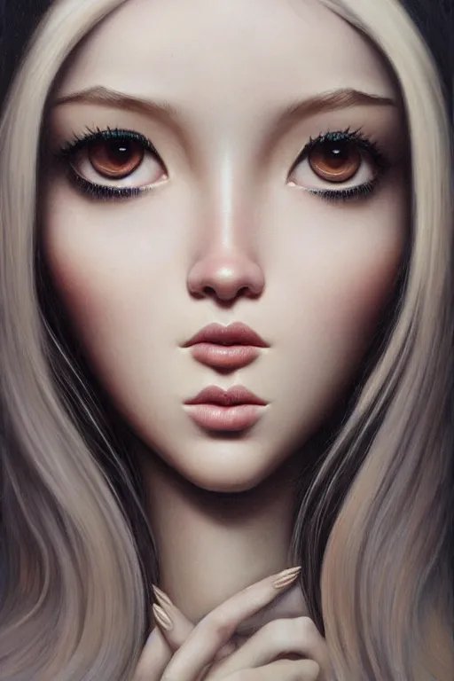 Prompt: identical kawai pixar big gazing eyes, tom bagshaw artstyle soft painting very close up portrait, single beautiful genetic anthropomorphic mix of dove cameron madison beer bella poarch fox, professionally retouched, insanely detailed, partial symmetrical accurate intricate features, focus, behance deviant art, 8 k masterpiece