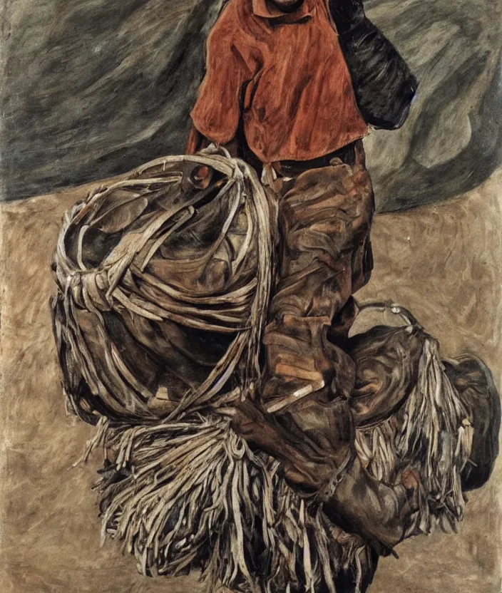 Prompt: indigenous man carrying a lot of bags, painted by lucian freud, hd, super detailed, realistic, muted colors