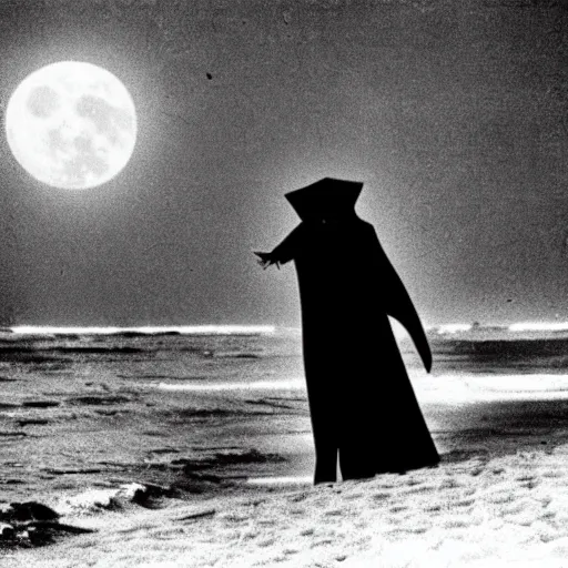 Image similar to nosferatu ( count orlok ) sunbathing at the beach at night time, full moon