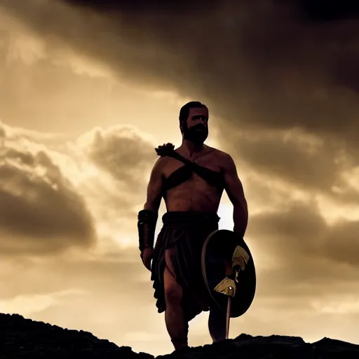 Image similar to cinematic film still of joe biden as leonidas without a beard in 3 0 0 movie, 8 k, epic moody sky, dramatic lighting