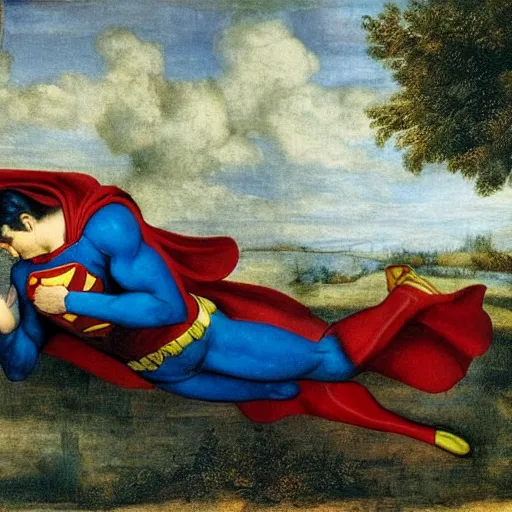 Image similar to superman sleeping in a playground, painting by leonardo da vinci, highly detailed