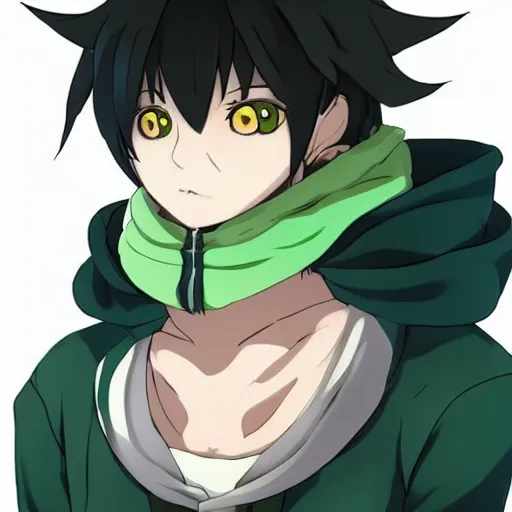 Prompt: a cute anthropomorphic anime boy with big squirrel ears, and a bushy tail and green hair. he wears a baggie blue hoodie. in the style of black clover. award winning video game character concept art. unreal engine octane render dramatic lighting dof