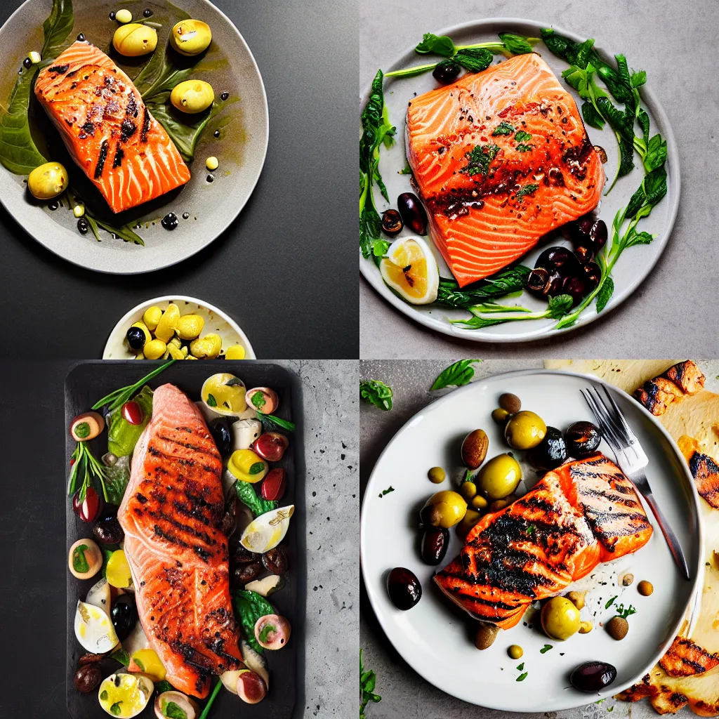 Prompt: salmon, grilled chicken, olives, food photography, award winning, michelin star restaurant