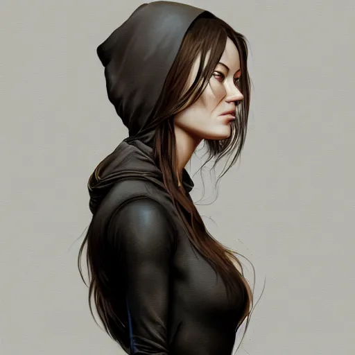 Image similar to full figure ultra realistic illustration, olivia wilde with light brown hair wearing a black hoodie, intricate, elegant, highly detailed, digital painting, artstation, concept art, smooth, sharp focus, illustration, art by artgerm and greg rutkowski and alphonse mucha