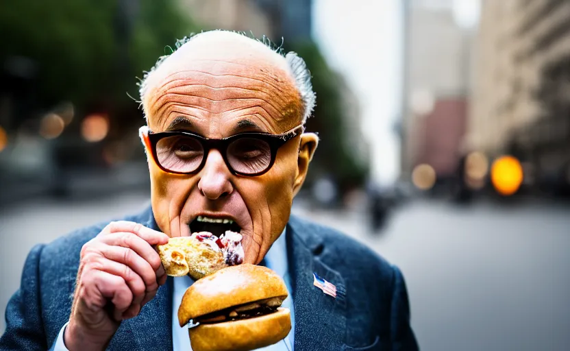 Image similar to photograph of Rudy Giuliani eating a bagel, one point perspective, 1-point perspective, tilt shift, sigma 85mm f/1.4, 4k, depth of field, high resolution, 4k, 8k, hd, full color