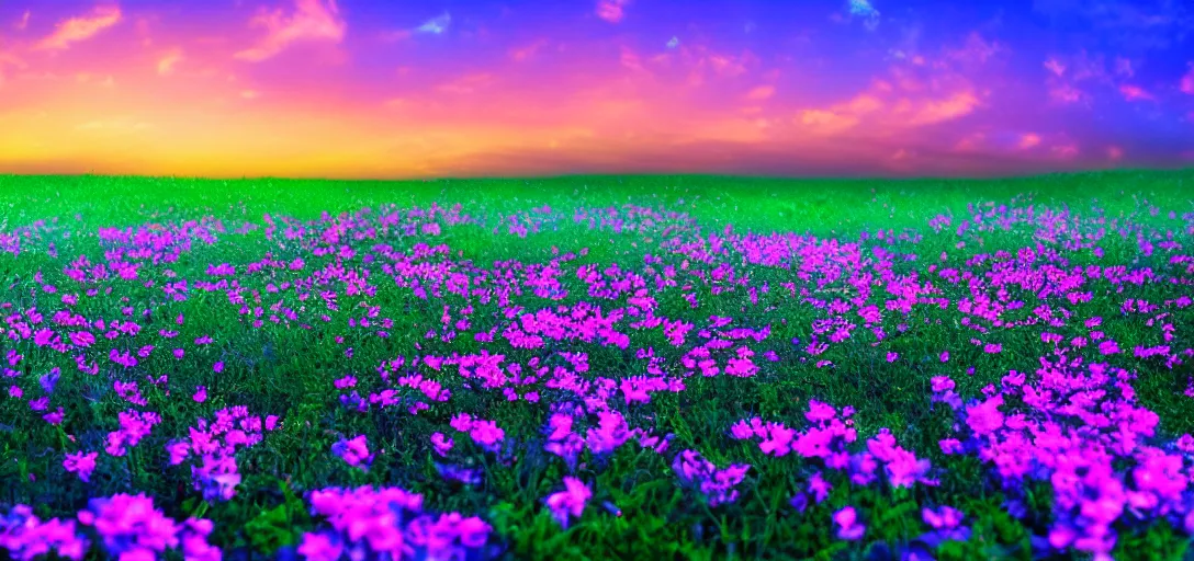 Image similar to an impossible field of beautiful neon colored flowers with a beautiful sunset, vaporwave