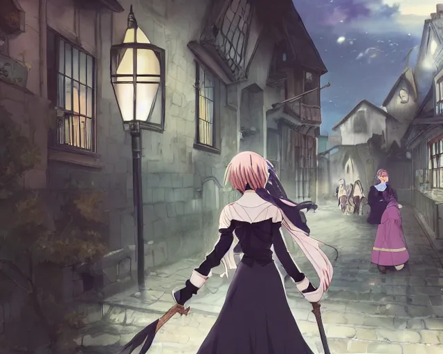 Image similar to key anime visual portrait of a young female witch walking through a busy medieval village, dynamic pose, dynamic perspective, cinematic, dramatic lighting, detailed silhouette, anime proportions