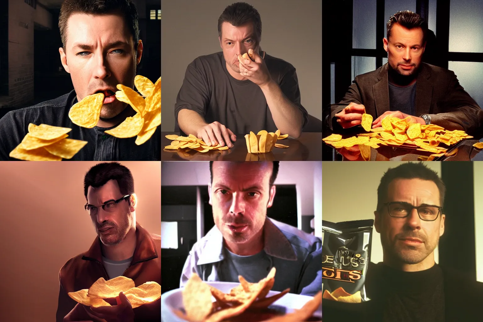 Prompt: Award-winning photo of JC Denton from Deus Ex eating from a bag of chips, dynamic lighting