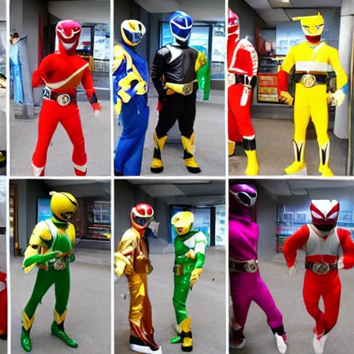Prompt: Photographs of the Power Rangers robbing a store