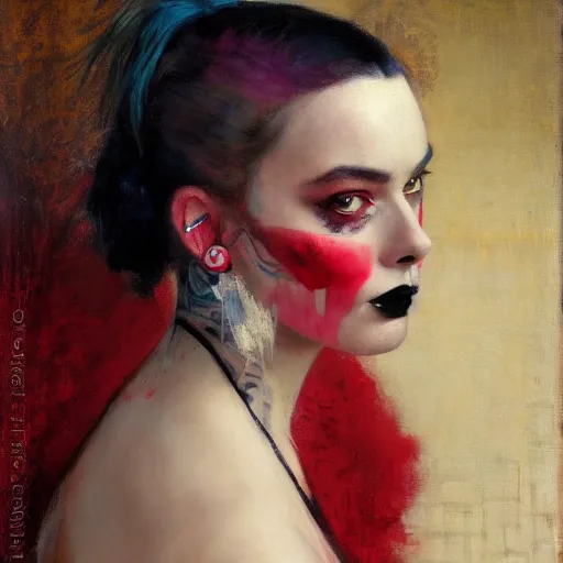 Prompt: solomon Joseph Solomon and Richard Schmid and Jeremy Lipking victorian genre painting portrait painting of a young beautiful woman Margot Robbie punk rock goth with punk rock haircut in fantasy costume, red background