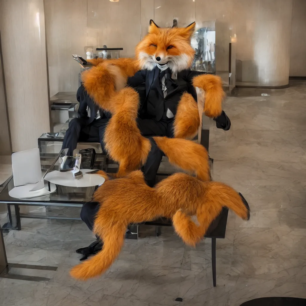 Prompt: a single anthropomorphic fox in suit sitting in the lobby of a futuristic hotel, anthro, furry