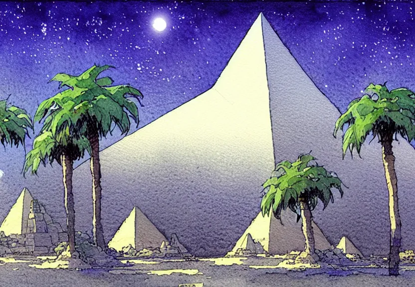 Prompt: a simple watercolor fantasy concept art of several large white pyramids with a dark grey boxy ufo from independence day ( 1 9 9 6 ) next to a palm tree at night with white pyramids in the background. by studio ghibli, rebecca guay, michael kaluta, charles vess