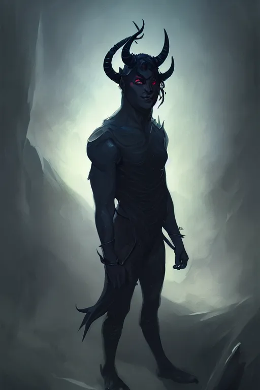 Prompt: character design portrait of a sad dark blue tiefling boy with horns and dark hair and pitch black hollow eyes, soft rounded face, black eyes black eyes by Greg Rutkowski, concept art, sharp focus, illustration, intricate, highly detailed