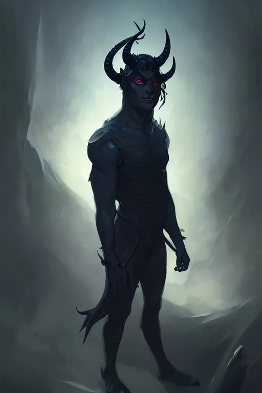 Image similar to character design portrait of a sad dark blue tiefling boy with horns and dark hair and pitch black hollow eyes, soft rounded face, black eyes black eyes by Greg Rutkowski, concept art, sharp focus, illustration, intricate, highly detailed