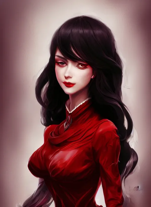 Image similar to a highly detailed illustration of hime cut black long haired woman wearing red dress, dramatic elegant smiling pose, perfect face, perfect body, intricate, elegant, highly detailed, centered, digital painting, artstation, concept art, smooth, sharp focus, league of legends concept art, wlop