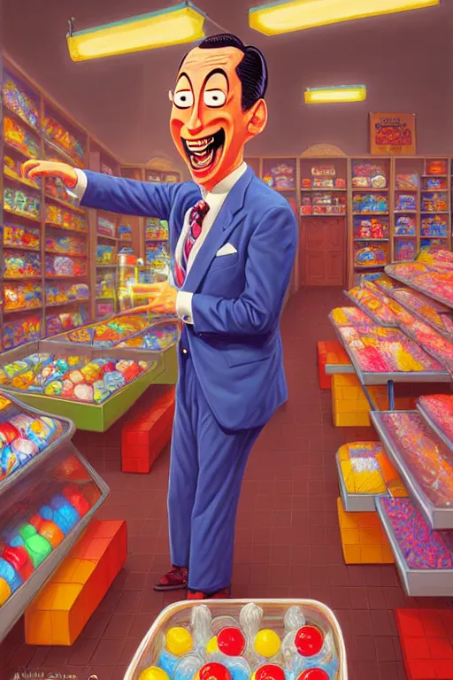 Prompt: pee - wee herman in a candy store, by andreas rocha