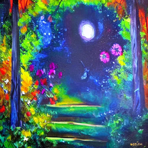 Image similar to secret hidden path in the forest leading to a doorway to outerspace, prismatic weather, flowers, expressive oil painting