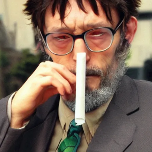 Prompt: gendo ikari smoking a joint