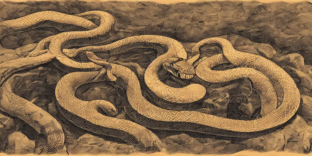 Image similar to a snake resting on an impossible rock formation, 1940s faded risograph print, illustration, limited color palette, earthtones, double-exposure, astrophotography