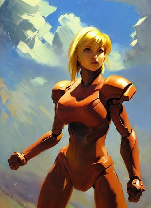 Image similar to Greg Manchess painting of Samus from Metroid Prime, countryside, calm, fantasy character portrait, dynamic pose, above view, sunny day, thunder clouds in the sky, artwork by Jeremy Lipkin and Giuseppe Dangelico Pino and Michael Garmash and Rob Rey, very coherent asymmetrical artwork, sharp edges, perfect face, simple form, 100mm