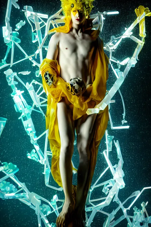 Prompt: photo of fullbody rococo and cyberpunk delicate neon crystalline sculpture of seductive muscular onyx albino marble prince camilo echeverry teal iridescent humanoid deity wearing yellow plastic hooded cloak holding an onyx skull in a onyx space dungeon, reclining, glowing yellow face, crown of white diamonds, cinematic lighting, photorealistic, octane render 8 k depth of field 3 d