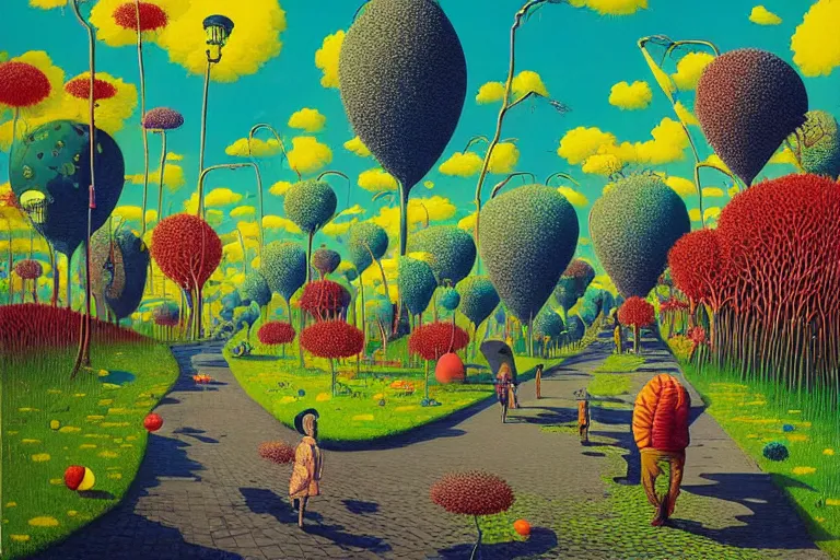 Image similar to surreal glimpse into other universe, jalan - jalan cari makan, summer morning, very coherent and colorful high contrast, art by!!!! gediminas pranckevicius!!!!, geof darrow, floralpunk screen printing woodblock, dark shadows, hard lighting, stipple brush technique,