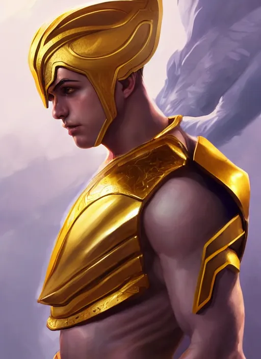 Image similar to the god hermes, gold armour, white skin, male, portrait, sharp focus, digital art, concept art, detailed, post processed, dynamic lighting, trending on artstation, by emylie boivin and rossdraws