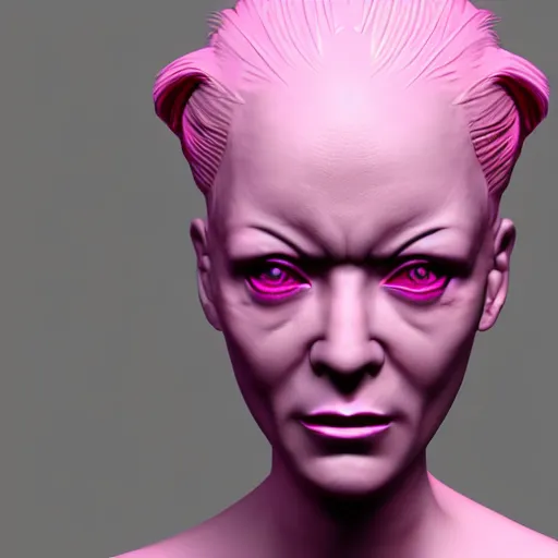 Prompt: ZBrush sculpt albino woman with pink hair and glowing eyes