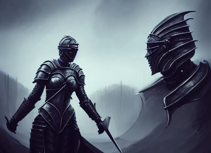 Image similar to landscape of a future city, a young english woman between the ages of 2 0 - 2 5 years, wearing armor and pointing a dagger, wearing a face full of anger. cinematic capture, dramatic condition, fine art, modern realism, sharp focus, good lighting, trending on artstation, trending on tiktok, smooth drawing, elegant, authoritative, without anomalies.