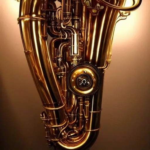 Prompt: a steampunk tuba, intricate details, pipework, dramatic lighting, extremely detailed