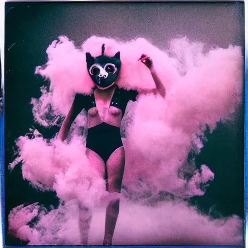 Image similar to polaroid of dancers that are made from cotton candy and smoke, with huge animal mask heads, mix, DADA collage, texture, lomography, fashion neon light