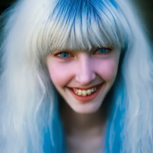 Image similar to beautiful hyperreal portrait of a cute young woman smiling softly, long white hair and bangs, flushed face, blue eyes, by juan francisco casas, golden hour, soft focus, 8 k, portra 4 0 0