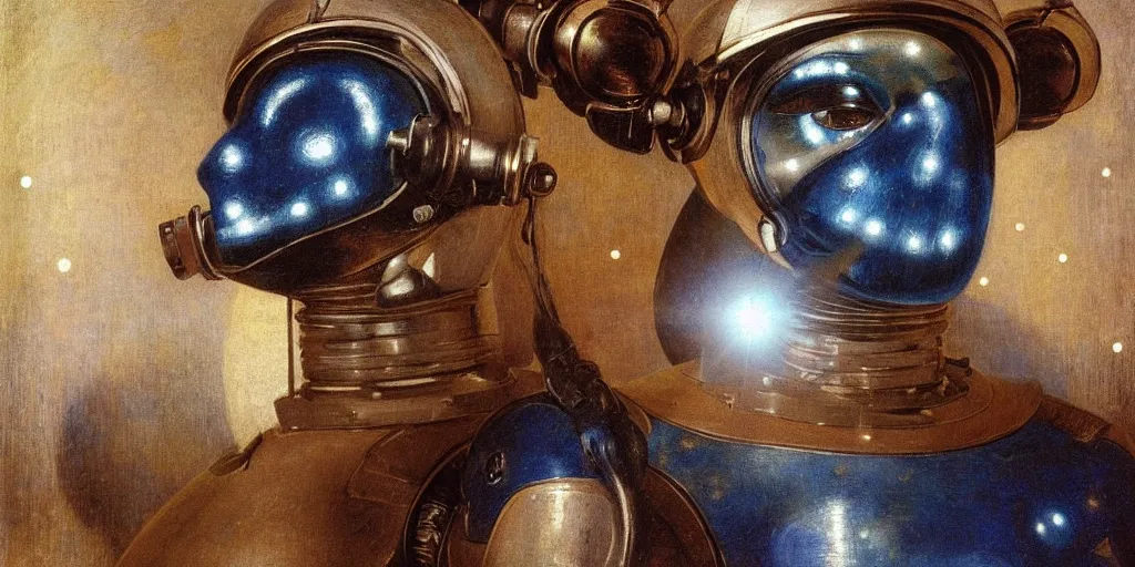 Image similar to portrait of a beautiful chrome female robot wearing a space helmet, lush lips, big eyes, reflections, mirroring, stars in space, warm azure tones, heavy lensflare, color bleed, film grain, depth of field, jules bastien - lepage, rudolph belarski, johfra bosschart, alexandre cabanel