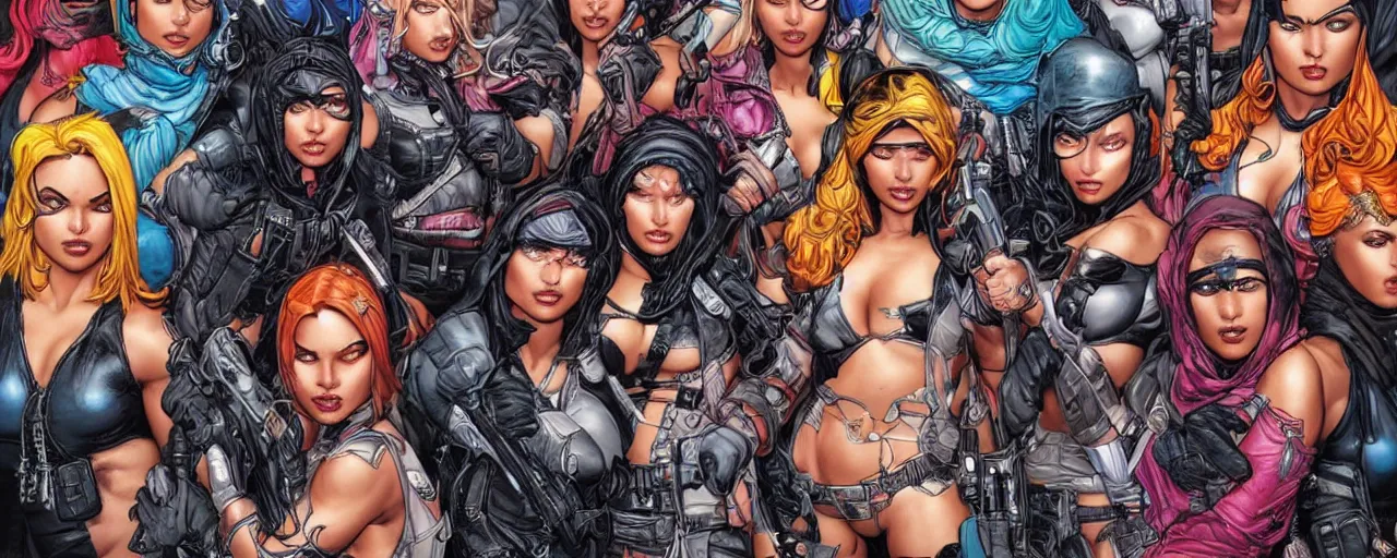 Prompt: an eclectic group of female thieves, bold and colourful, symmetrical facial features, 8 k intricate detail, detailed faces, beautiful, arnold rendering, art by pepe larraz,