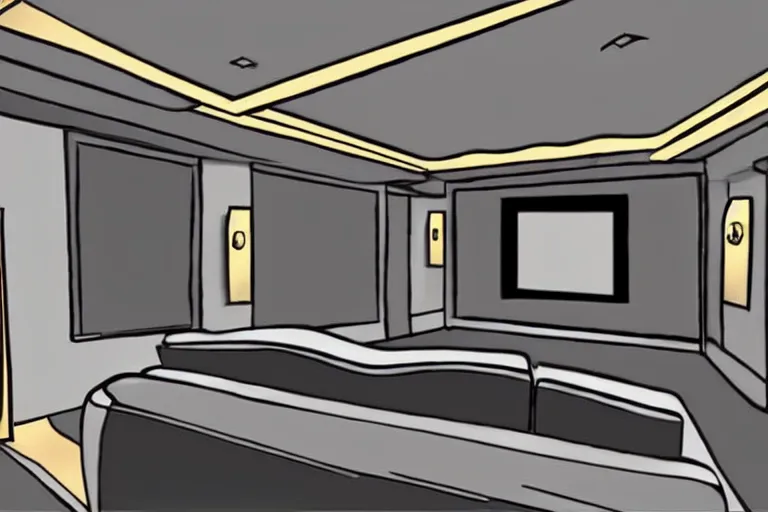 Prompt: a modern home movie theater, sleek, comfortable, stylish decor, designed by martyn lawrence bullard, color pencil sketch illustration