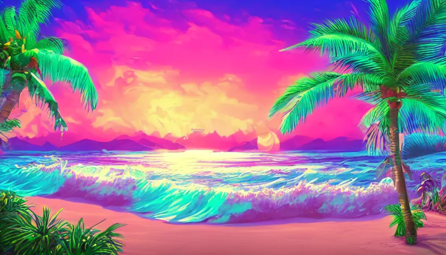 Prompt: a tropical beach, epic retrowave art, trending on art station