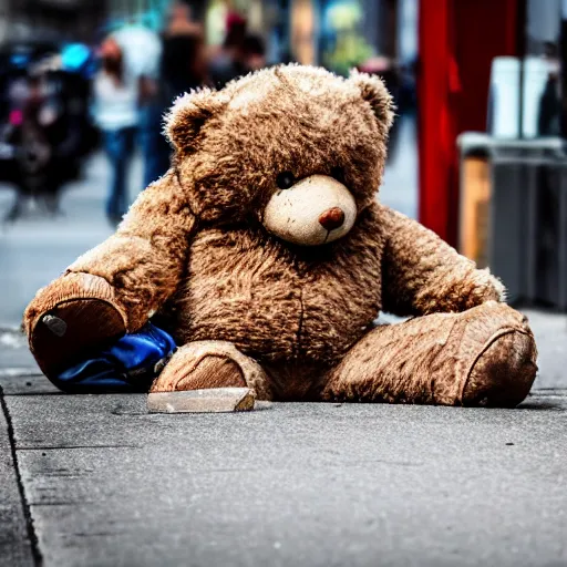 Image similar to dirty teddy bear lying on a busy street as people are walking by, highly detailed, sharp focus, depth of field, street photography, busy city, steam