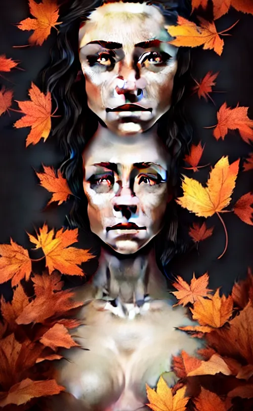 Image similar to gorgeous stella maeve magician, realistic character concept, overhead shot, drone shot, elegant pose, spooky, illustration, symmetrical face and body, cinematic lighting, detailed realistic symmetrical eyes, 8 k, joshua middleton, artgerm, tom bagshaw, single face, insanely detailed and intricate elegant, autumn leaves