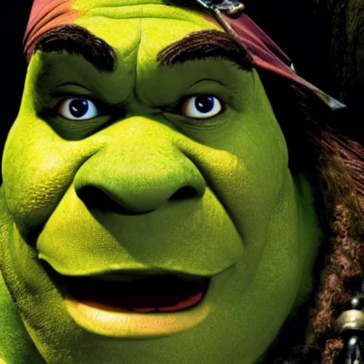 Image similar to promotional image of shrek as a pirate in Pirates of the Caribbean: The Curse of the Black Pearl (2003 film), detailed face, movie still, promotional image, imax 70 mm footage