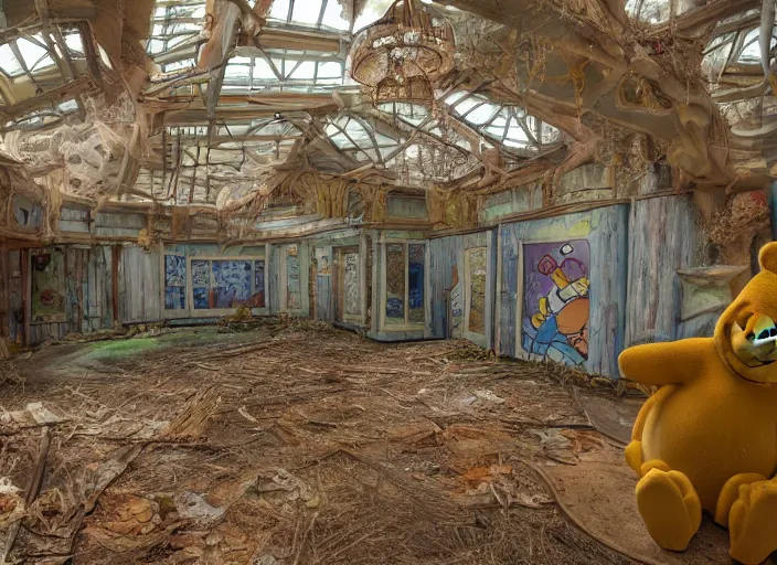 Prompt: the inside of the building for a Winnie the Pooh Disney theme park ride, indoor ride, shut down, abandoned, Florida, out of business building, got shut down, kids place, interior, liminal spaces, backrooms, empty