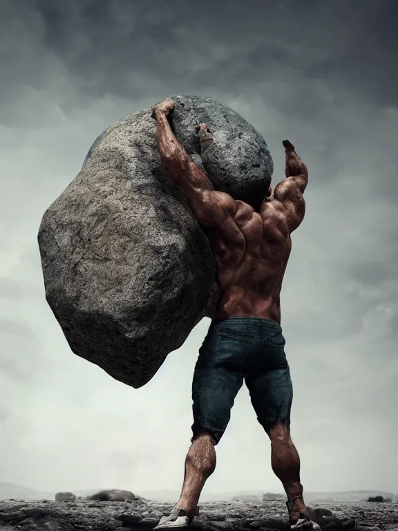 Prompt: a muscular man wearing torn clothes carrying a giant stone on his back, big beard, bold, hyperrealistic, concept art, octane render, unreal engine 5, trending on artstation, high quality, 8 k, anatomically correct, five fingers, digital art, symmetrical, low contrast, epic scene, cinematic, dramatic lighting, high coherence