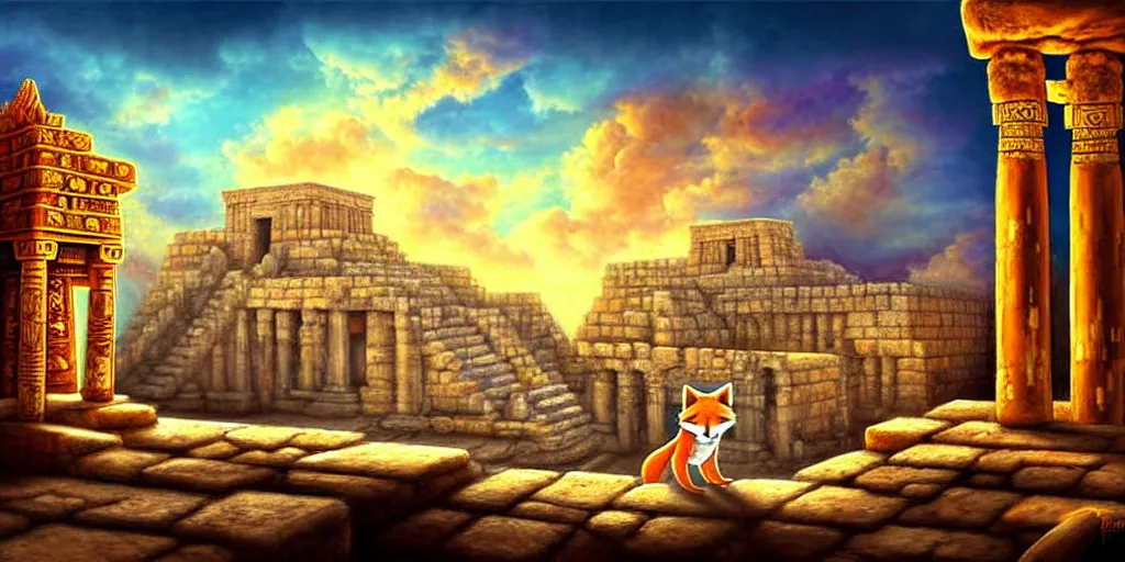 Image similar to illusion painting hidden temple in the clouds : an adorable small fox in the huge ruins of the second temple in jerusalem. a new temple hovers quietly hiding in the dreamy clouds above. a hooded bearded old man in a brown tunic laughing, colorful 8 k, art station, intricate superb details, digital art, illusion painting hidden image.