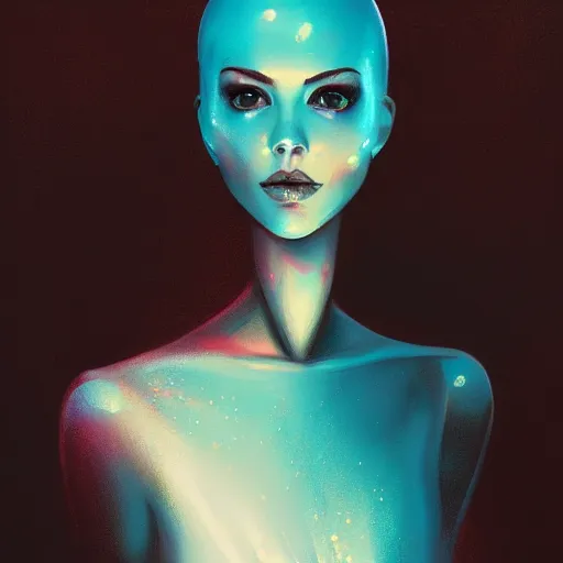 Prompt: a beautiful female robot, elegant pose, melting, by Anato Finnstark, Tom Bagshaw, Brom