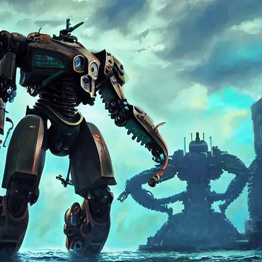 Prompt: pacific rim robot wearing high tech armor standing in the sea, full body, steam punk, 70's sci-fi, extremely detailed digital painting, in the style of Fenghua Zhong and Ruan Jia and Jermy lipking and peter mohrbacher, mystic colors, highly detailed, deep aesthetic, 8k, highly ornate intricate details, cinematic lighting, rich colors, digital artwork, ray tracing, hyperrealistic, photorealistic, cinematic landscape, trending on artstation,